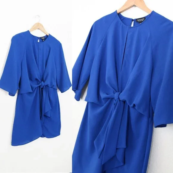 Topshop Dress Wide Half Sleeves Knot Tie Front Cobalt Royal Blue Mini Dress US 8 - Picture 10 of 16